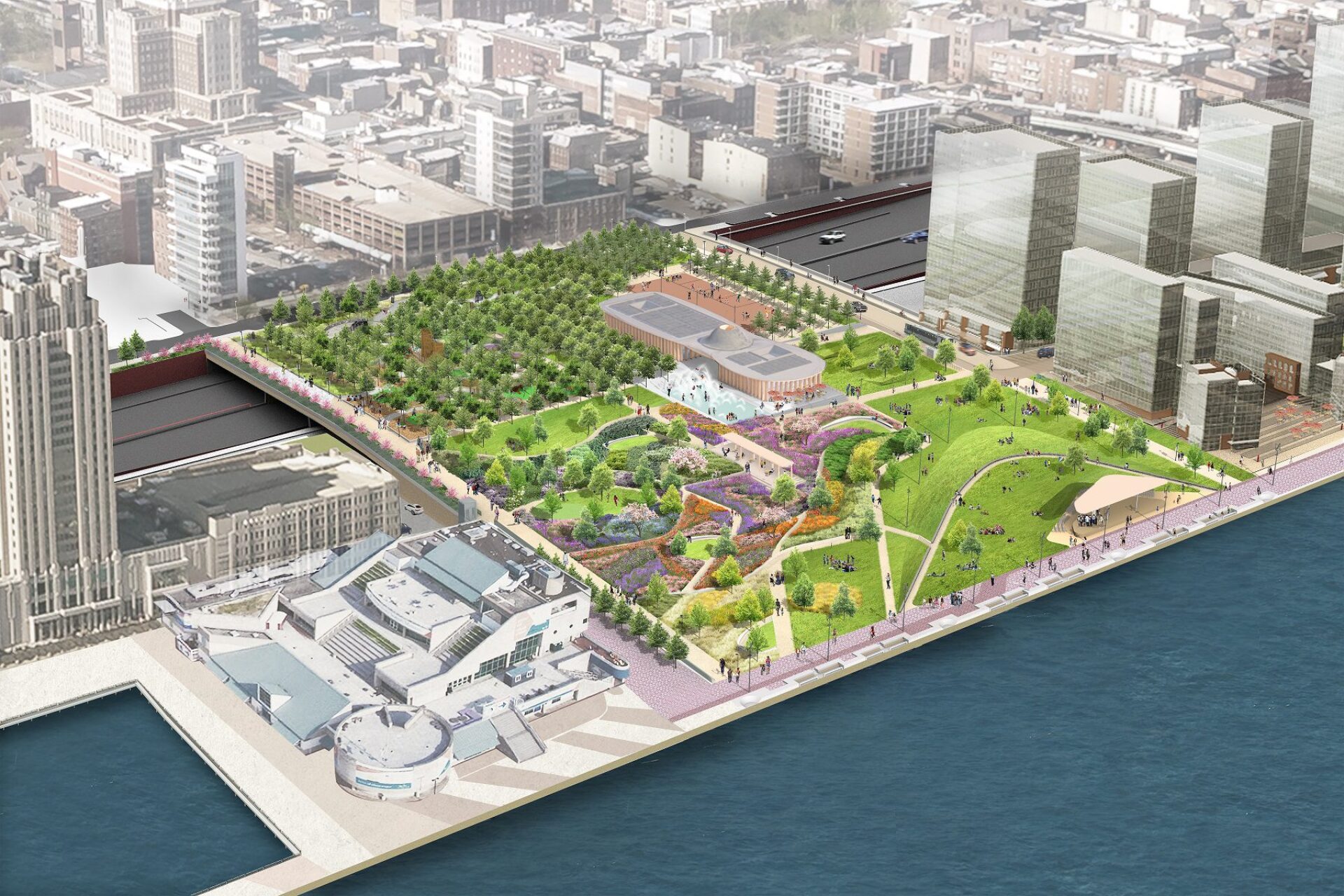 An artistic rendering of a park built upon large bridge structure.