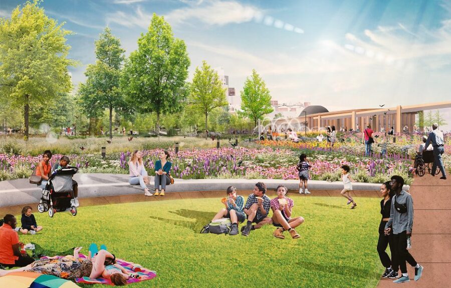 An artistic rendering of several families enjoying their time in a sunny park.
