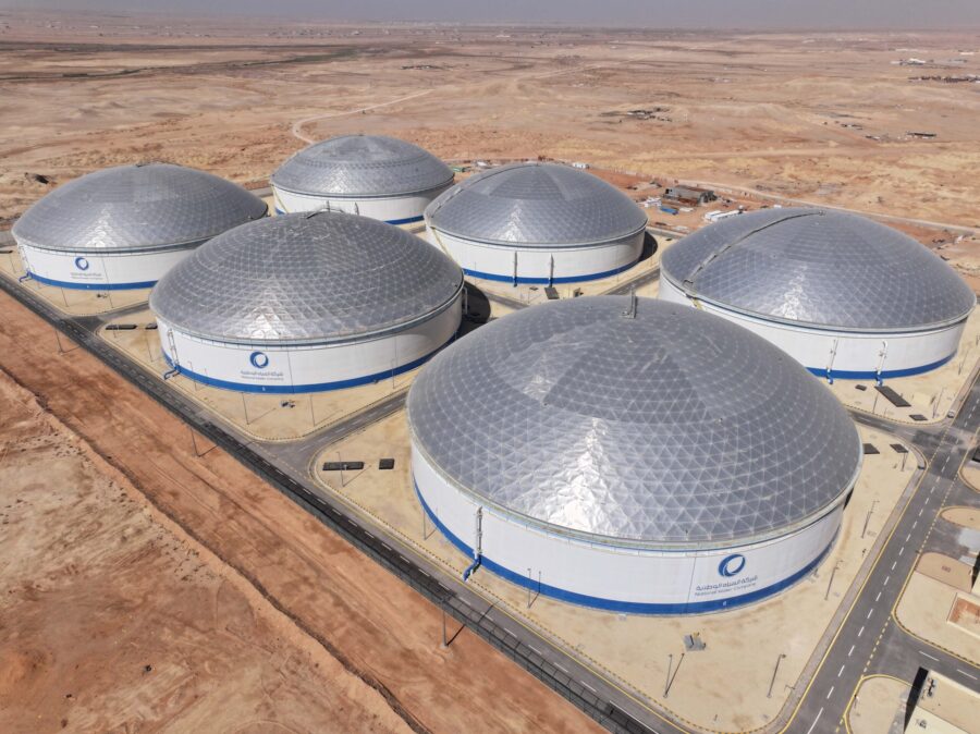 Several large dome roofed structures, a part of a water treatment plant.
