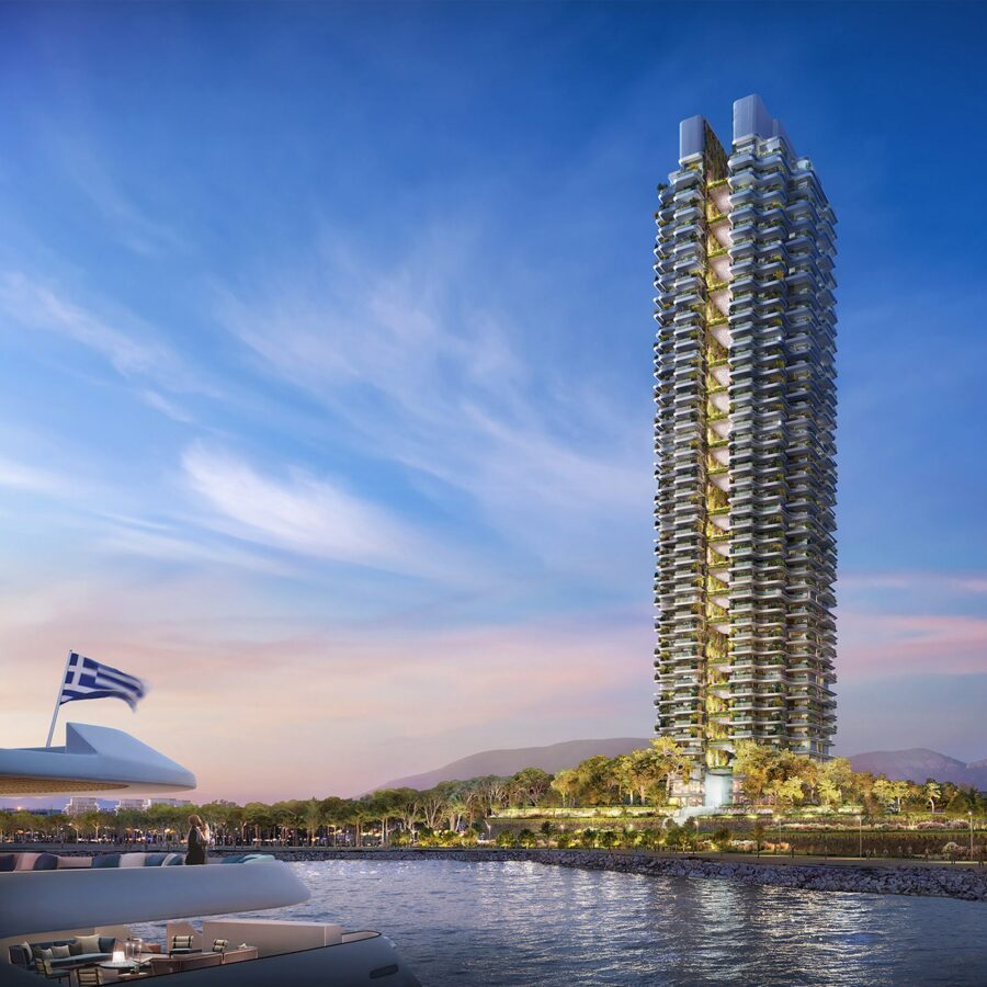 A rendering of a new skyscraper surrounded by tress and near a coastline.