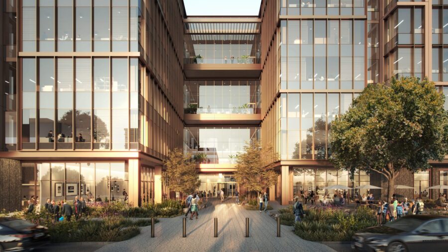A 3D rendering of the entrance to a building that feature very tall windows.
