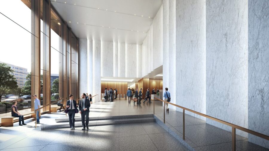 A 3D rendering of people conducting various business within a large room.