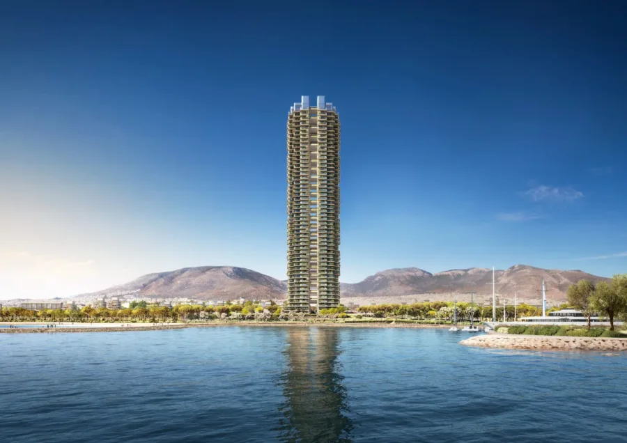 A rendering of a coastline filled with trees and greenery, featuring a new skyscraper.